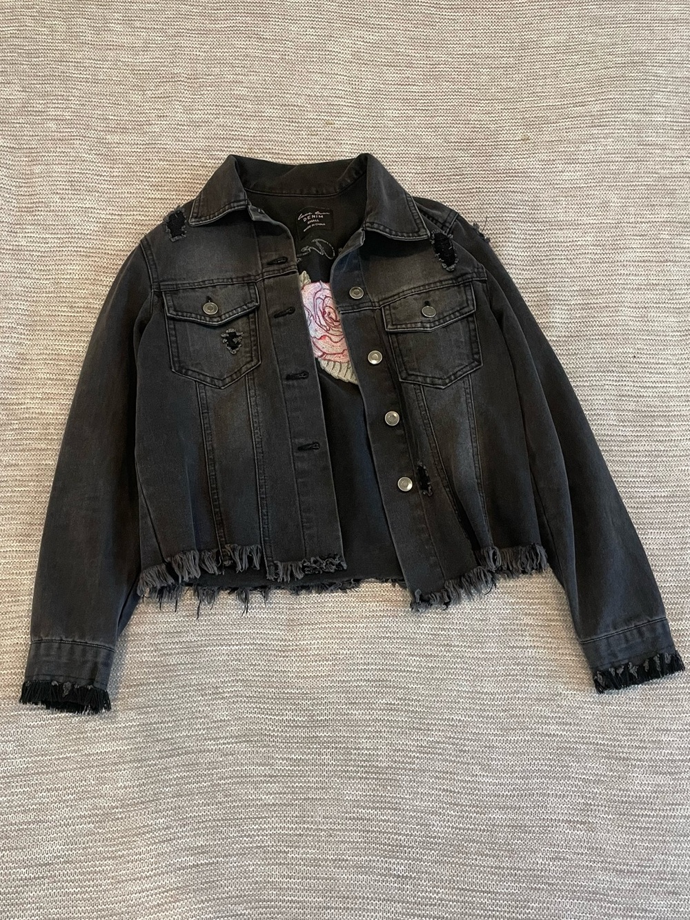 Love Tree Black Distressed Crop Denim Jacket with Fringe